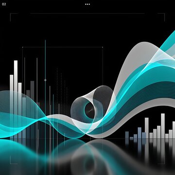 Futuristic digital data analytics dashboard with curved blue light trails and vertical bar graphs on black background analytics abstract technology business background