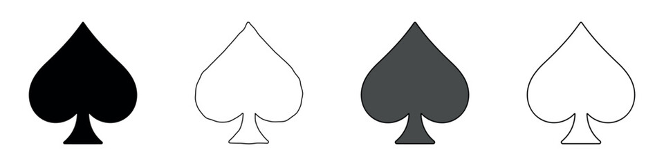 Fototapeta premium Four spade symbols in different styles: solid black, outline, dark gray, and outline