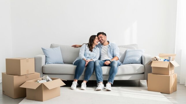 A couple sits happily on a sofa surrounded by cardboard boxes, suggesting they have just moved into a new home.
