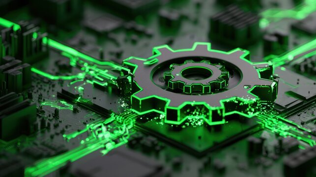 Close up of a dark gear with glowing green circuit board connections