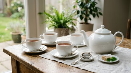 Fototapeta premium A realistic and atmosphere photo, no people, just clean white cups of tea and white teapot.