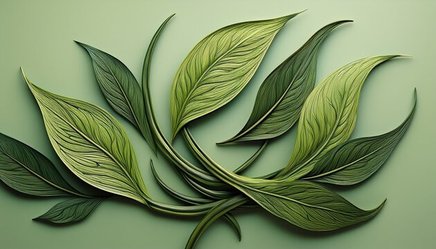 Interwoven Botanical Leaves Green Tea Inspired Flat Layout Clean Composition Cool Tones