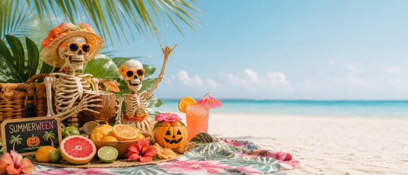 A playful summer halloween scene featuring skeletons tropical decorations and cool beverages on a beautiful beach