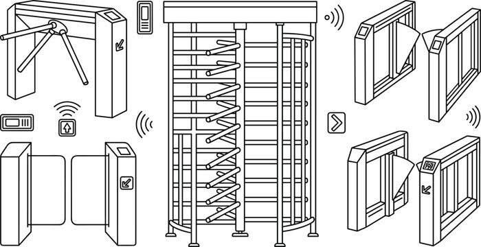 Security Turnstile Gate System Icon Set with Tripod Barrier Full Height Rotating Gate Flap Barrier and Card Reader Vector Line Art For Coloring Page
