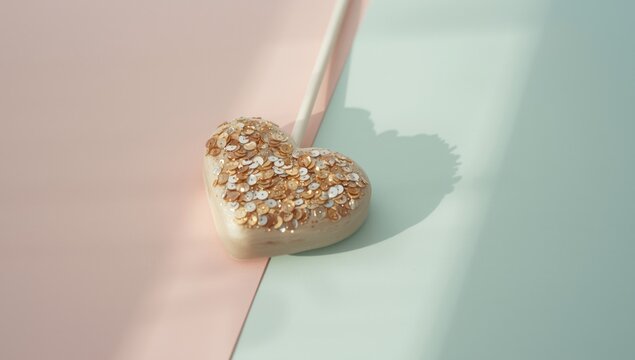 Minimal retro inspired heart lollipop candy decorated with delicate sequins on soft pastel surface