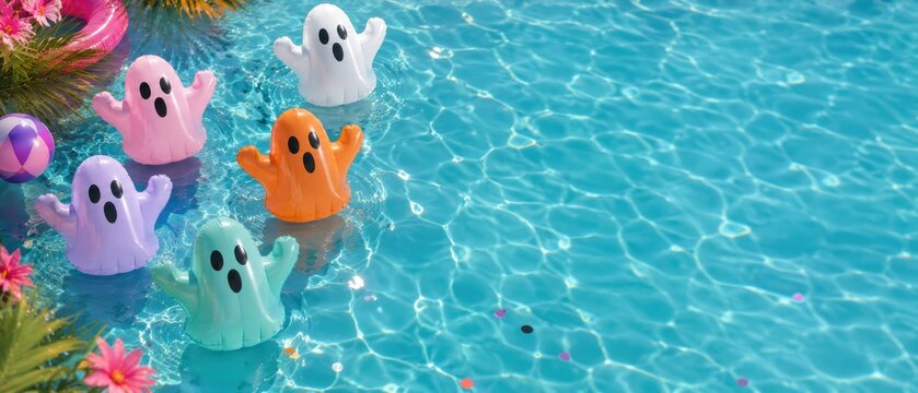 Vibrant halloween ghost decorations drifting in a sunny pool adorned with blooming flowers and a playful beach ball