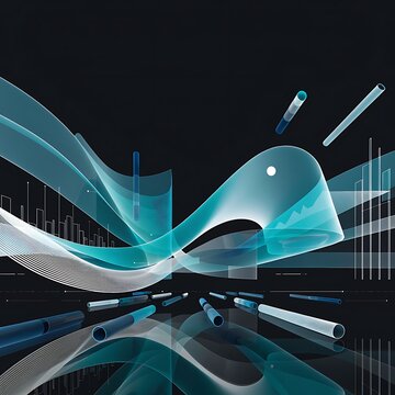Modern financial background featuring abstract translucent flowing shapes and digital data lines representing technological market analysis and investment trends, abstract