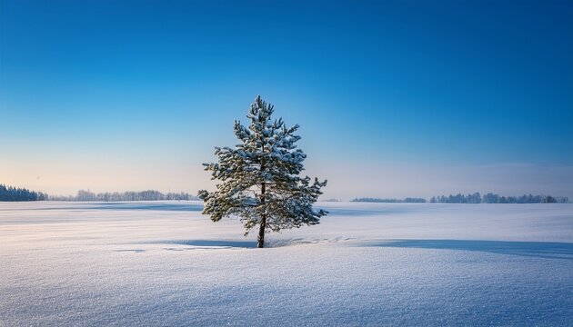 A Minimalist Winter Scene Features A Lone Pine Tree Centered In A Wide Field Of White Snow During The Calm Blue Hour Of A Cold Evening Snow Rural Icy