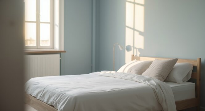 Minimalist bedroom interior featuring a white bed and calming blue walls with soft lighting