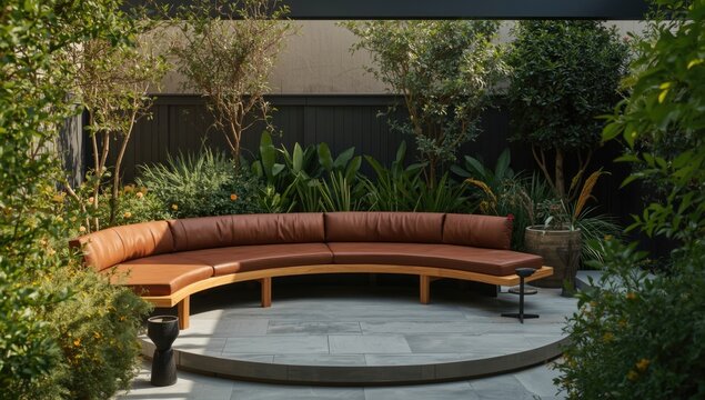 Modern garden patio scene with circular wooden bench and soft leather seating area surrounded by carefully planned outdoor plants for comfort