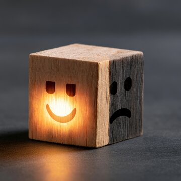 Wooden cube with happy and sad faces
