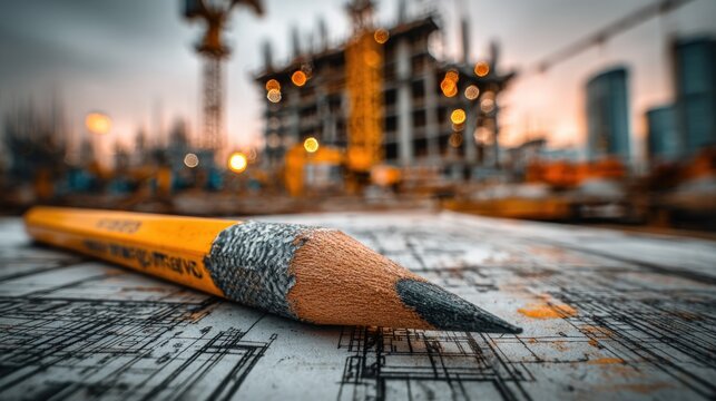 Pencil lying on architectural blueprints at a construction site with blurred building skeleton and cranes during sunset