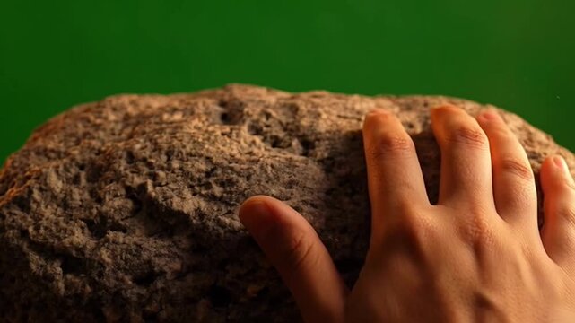 Close up of hand gripping rough rock surface on green screen background.