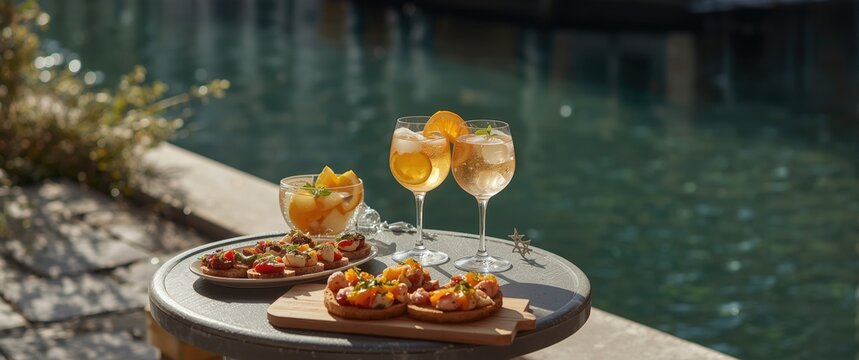 Cocktails and appetizers on a table by the water