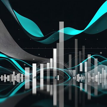 Financial market statistics illustrated by flowing cyan energy lines and white bar graphs against a dark background with digital dot patterns analytics business technology