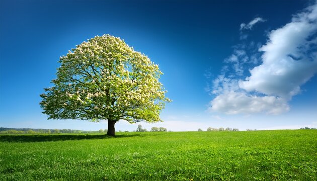 Green Field With Beautiful Solitary Horse Chestnut Tree In Bloom Under Blue Sky In Spring