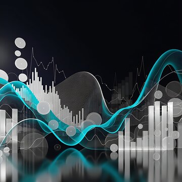 Conceptual financial data analysis with glowing cyan wave curves overlaying bar charts and light dots on a dark background analytics business technology statistics investment