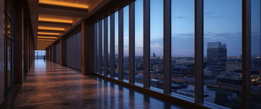 Modern office corridor with city skyline at twilight