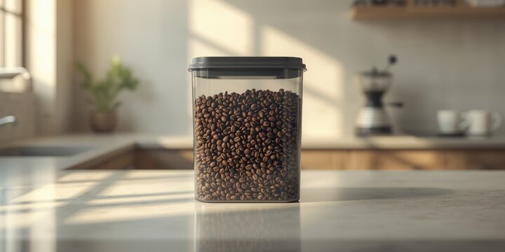 Container filled with coffee beans on a kitchen countertop