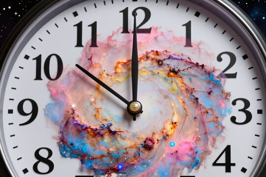 A clock with a nebula in the background. 