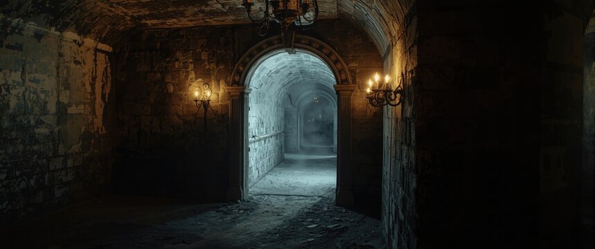 Underground basement hall with mysterious lighting resembling a haunted dungeon