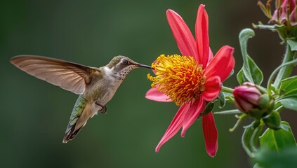 Fototapeta premium Hummingbird hovering near vibrant red flower