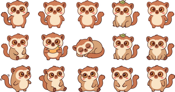 Cute kawaii slow loris cartoon vector illustration set. Baby lemur characters, eating banana, sleeping pose, waving hand, big brown eyes, nursery decor elements and isolated jungle wildlife clip art.