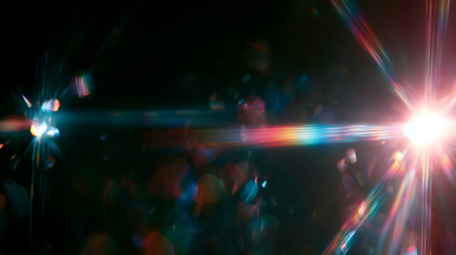 A moody cinematic overlay, enhanced with crystal-clear prism light leaks, vibrant rainbow lens flares, and delicate bokeh spots floating against a backdrop of deep black.