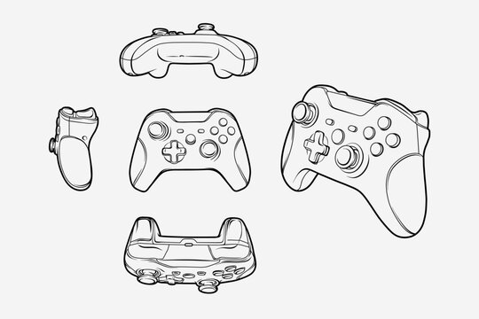  2D illustration of gamepad. Outline vector image set. Multiple views including top, front, side, bottom, and perspective. 