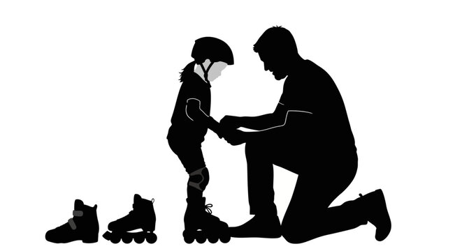 Adult helping child put on roller skates.