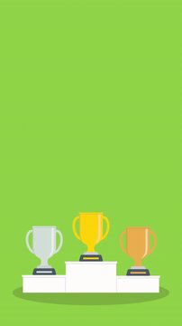 Podium winners. Gold, silver and bronze cups on podium. 4K video animation.