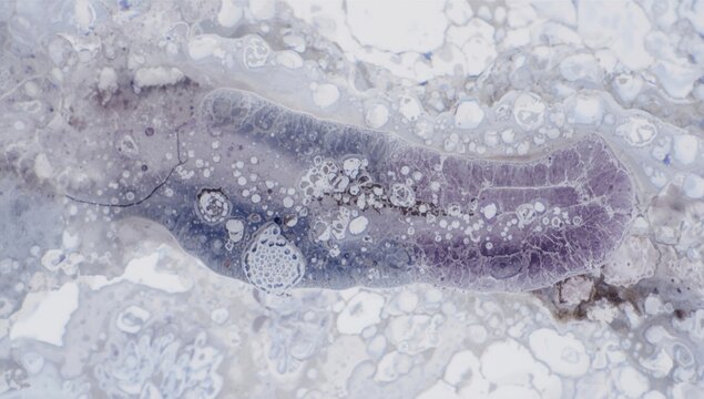 Histological slide depicting tophus formation in a surgical tissue specimen from a hyperuricemia case
