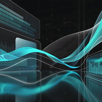 Abstract fintech interface showing glowing cyan waves and data points with interface abstract technology business analytics investment statistics performance visualisation