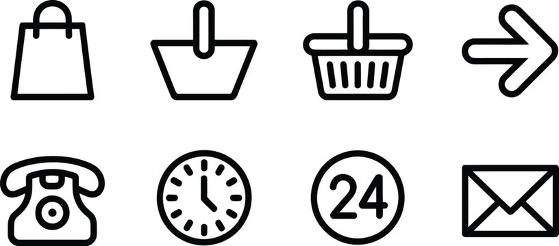 Shopping bag basket arrow telephone clock twenty four and envelope thin line outline icons set for online retail customer support.