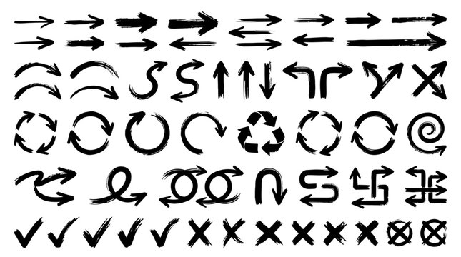 Hand Drawn Black Brush Stroke Arrow and Checkmark Doodle Set on Isolated White Background