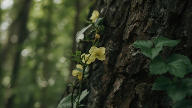 Light yellow wild vine flower called Virgins Bower climbing natural forest trees