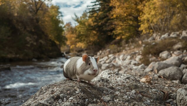 Guinea pig sitting on a rock by a riverbank