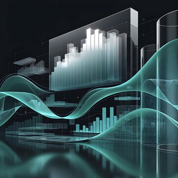 Corporate financial reporting system with glass bar charts and fluctuating data lines corporate reporting analytics business investment statistics technology abstract