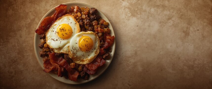 Savory combination of bacon corned beef hash accompanied by two fried eggs