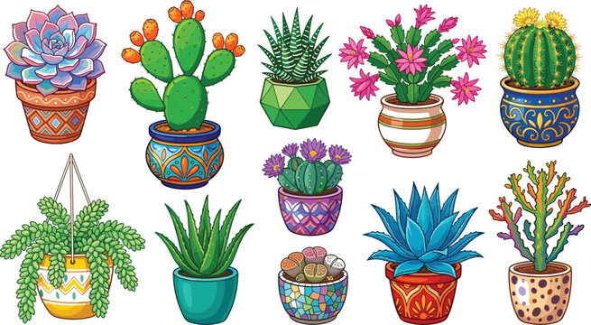 Potted Cactus and Succulent Plant Vector Illustration Set with Houseplants in Colorful Ceramic Pots for Florist Shop Home Decor and Gardening Website Designs