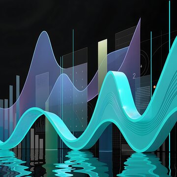 Abstract digital finance concept with glowing cyan wave charts and data visualization abstract technology business analytics investment statistics information computing