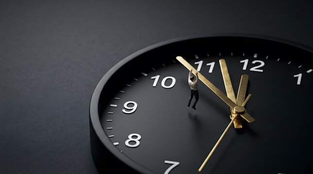 Tiny businessman trying to stop time on a giant clock