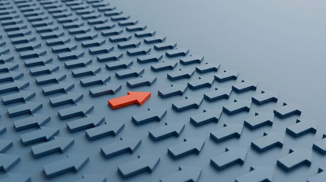 Bright orange arrow moving forward among a crowd of grey arrows