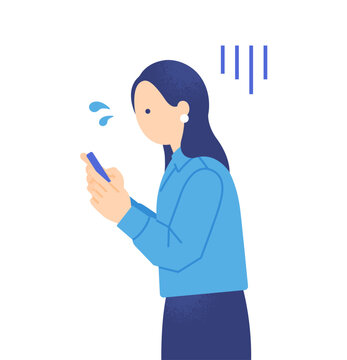 スマートフォンを両手で持ち気持ちが沈んでいる女性 ビジネスウーマンの不安な表情のイラスト素材