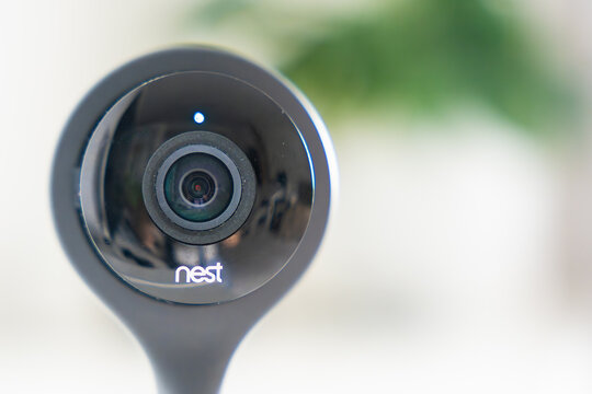 Prague, Czech Republic - June 30, 2026: Close up of a Nest security camera lens in a modern home interior. Smart home surveillance concept for privacy, monitoring and connected technology.