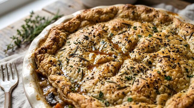 Buttery crust with herb flecks (rosemary, thyme, parsley) and cracked black pepper, tiny streaks of pan jus shining in the crevices