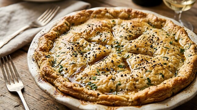 Buttery crust with herb flecks (rosemary, thyme, parsley) and cracked black pepper, tiny streaks of pan jus shining in the crevices