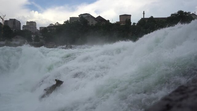 Rhine Falls Switzerland. River water waves. Waterfall nature. Powerful Rushing Water fall with White Foam.