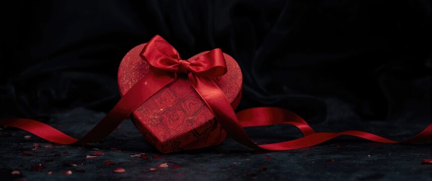 Red heart-shaped gift box with a ribbon on dark background
