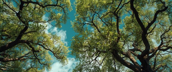 Fototapeta premium Wide view of lush tree branches featuring a clear cerulean backdrop